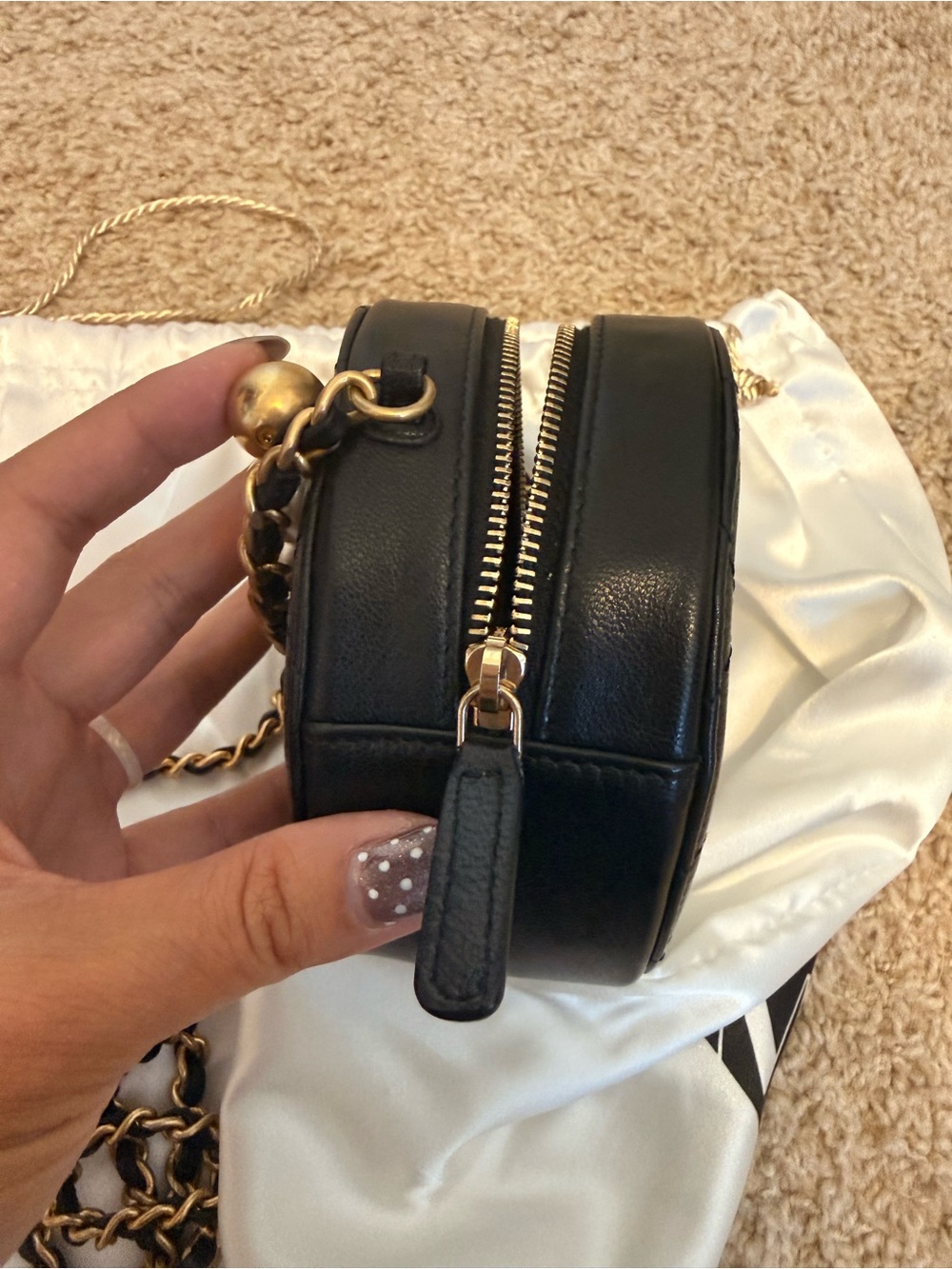 CHANEL Black Quilted Round Mini Crossbody with Pearls & Gold Chain - Picture 7 of 8